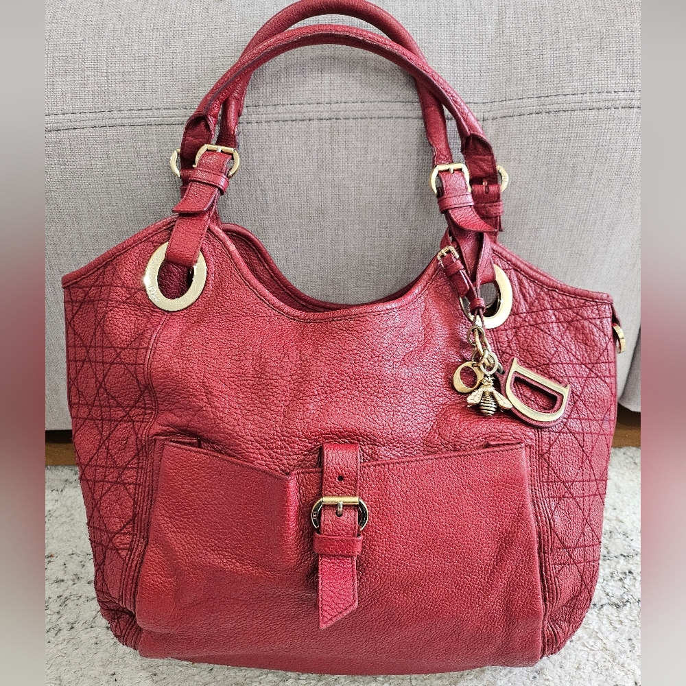 Christian Dior Red Leather Cannage Shoulder Bag with Bee Charm